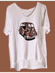 T-shirt blanc Fiat 500 revisitée léopard
