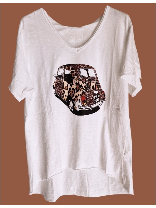 T-shirt blanc Fiat 500 revisitée léopard