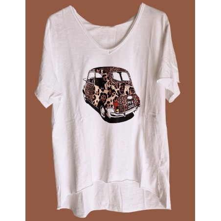 T-shirt blanc Fiat 500 revisitée léopard