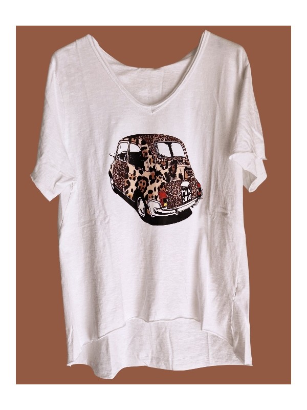 T-shirt blanc Fiat 500 revisitée léopard