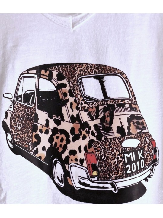 T-shirt blanc Fiat 500 revisitée léopard